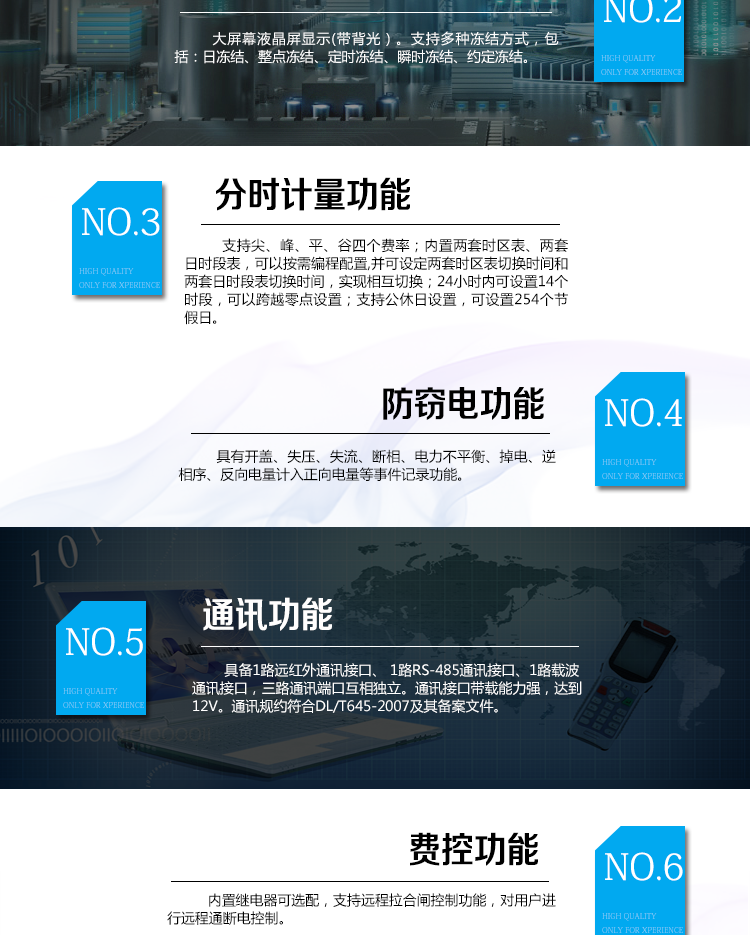 海興DDSI208單相電能表主要功能
　　計(jì)量功能
　　具有支持正反向有功、四象限無功電能、組合無功電能，支持正反向有功最大需量、四象限無功最大需量、組合無功最大需量，支持多費(fèi)率計(jì)量。
　　分時(shí)計(jì)量功能
　　支持尖、峰、平、谷四個(gè)費(fèi)率;內(nèi)置兩套時(shí)區(qū)表、兩套日時(shí)段表，可以按需編程配置,并可設(shè)定兩套時(shí)區(qū)表切換時(shí)間和兩套日時(shí)段表切換時(shí)間，實(shí)現(xiàn)相互切換;24小時(shí)內(nèi)可設(shè)置14個(gè)時(shí)段，可以跨越零點(diǎn)設(shè)置;支持公休日設(shè)置，可設(shè)置254個(gè)節(jié)假日。
　　測(cè)量功能
　　能測(cè)量電壓、電流、功率以及功率因數(shù)等電網(wǎng)參數(shù)，零線電流測(cè)量功能可選配。測(cè)量準(zhǔn)確度高，可以達(dá)到1級(jí)以內(nèi)標(biāo)準(zhǔn)。
　　數(shù)據(jù)存儲(chǔ)功能
　　支持多種凍結(jié)方式，包括：日凍結(jié)、整點(diǎn)凍結(jié)、定時(shí)凍結(jié)、瞬時(shí)凍結(jié)、約定凍結(jié)。
　　事件記錄功能
　　分別記錄最近10次掉電、編程、校時(shí)、開表蓋、跳閘、合閘、事件清零、電表清零。
　　通信功能
　　具備1路遠(yuǎn)紅外通訊接口、 1路RS-485通訊接口、1路載波通訊接口，三路通訊端口互相獨(dú)立。通訊接口帶載能力強(qiáng)，達(dá)到12V。通訊規(guī)約符合DL/T645-2007及其備案文件。
　　費(fèi)控功能
　　內(nèi)置繼電器可選配，支持遠(yuǎn)程拉合閘控制功能，對(duì)用戶進(jìn)行遠(yuǎn)程通斷電控制。
　　用戶交互界面
　　采用大屏幕液晶顯示，提供豐富的圖形或文字提示信息;顯示內(nèi)容可通過按鍵循環(huán)查詢，顯示項(xiàng)目可通過通信口按需配置;提供液晶背光，方便查看。支持停電喚醒功能，能通過按鍵或非接觸方式喚醒電能表，實(shí)現(xiàn)屏幕顯示抄讀電量和紅外通信口抄讀電量等數(shù)據(jù)。