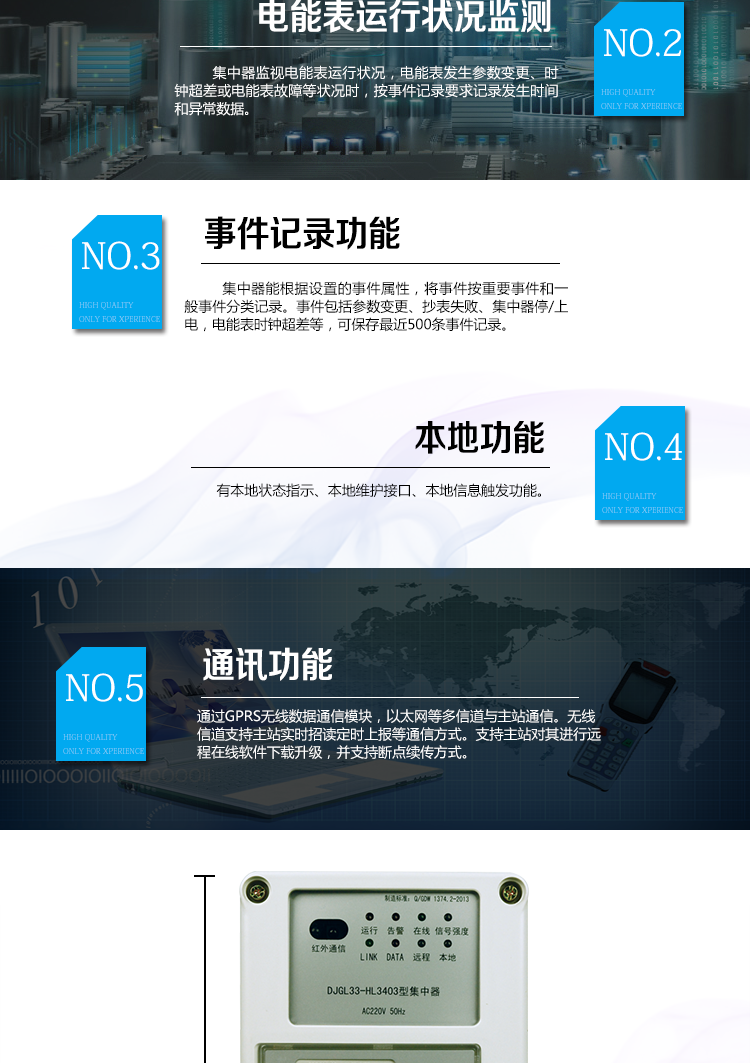華立DJGL33-HL3403微型集中器主要功能
　　數(shù)據(jù)采集：能采集各電能表的實(shí)時(shí)電能示值、日零點(diǎn)凍結(jié)電能示值、抄表日零點(diǎn)凍結(jié)電能示值。帶有時(shí)標(biāo)。
　　數(shù)據(jù)管理和存儲(chǔ)：能按要求對(duì)采集數(shù)據(jù)進(jìn)行分類(lèi)存儲(chǔ)，如日凍結(jié)數(shù)據(jù)、抄表日凍結(jié)數(shù)據(jù)、曲線數(shù)據(jù)、歷史月數(shù)據(jù)等。曲線凍結(jié)數(shù)據(jù)密度為1小時(shí)。集中器抄表數(shù)量最大為192只。集中器存儲(chǔ)容量為32M。
　　電能表運(yùn)行狀況監(jiān)測(cè)：集中器監(jiān)視電能表運(yùn)行狀況，電能表發(fā)生參數(shù)變更、時(shí)鐘超差或電能表故障等狀況時(shí)，按事件記錄要求記錄發(fā)生時(shí)間和異常數(shù)據(jù)。
　　參數(shù)設(shè)置和查詢(xún)功能：可主站遠(yuǎn)程或手持設(shè)備本地設(shè)置和查詢(xún)檔案、通信參數(shù)等，
　　事件記錄：集中器能根據(jù)設(shè)置的事件屬性，將事件按重要事件和一般事件分類(lèi)記錄。事件包括參數(shù)變更、抄表失敗、集中器停/上電，電能表時(shí)鐘超差等，可保存最近500條事件記錄。
　　本地功能：有本地狀態(tài)指示、本地維護(hù)接口、本地信息觸發(fā)功能
　　通訊功能：通過(guò)GPRS無(wú)線數(shù)據(jù)通信模塊，以太網(wǎng)等多信道與主站通信。無(wú)線信道支持主站實(shí)時(shí)招讀、定時(shí)上報(bào)等通信方式。支持主站對(duì)其進(jìn)行遠(yuǎn)程在線軟件下載升級(jí)，并支持?jǐn)帱c(diǎn)續(xù)傳方式。