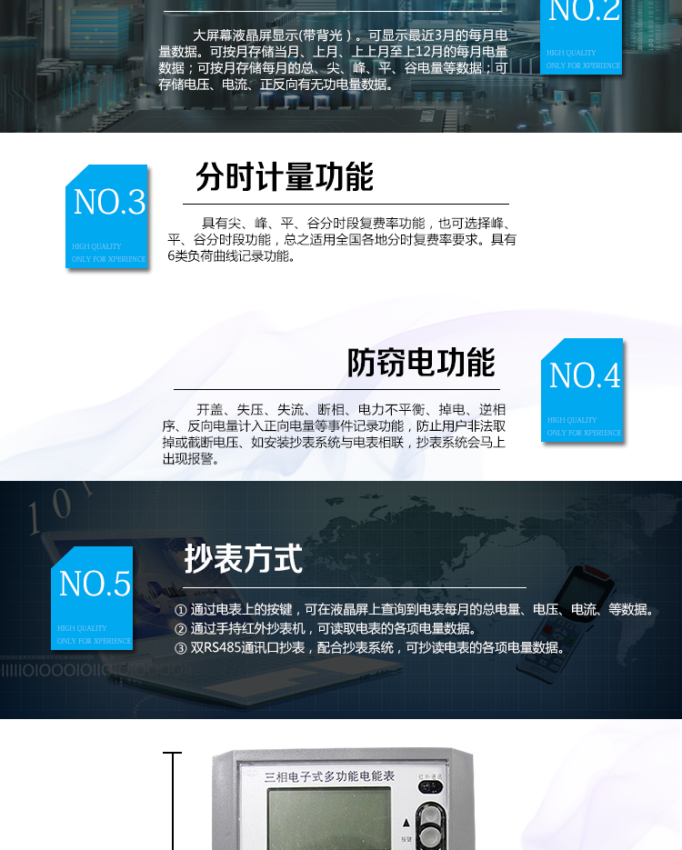 主要功能：
1、大屏幕、寬視角液晶顯示，具備豐富的狀態(tài)指示和漢字提示符，帶背光；
2、雙路RS-485、吸附式、遠(yuǎn)紅外通訊接口，通道相互獨(dú)立。支持載波通信功能（可選）；
3、四路空接點(diǎn)電能脈沖及LED電能脈沖輸出；
4、分時計量正反向有功電量、四象限無功電量、組合1、組合2無功電量，組合方式：四象限無功任意組合；計量分相正反向有功、感容性無功電量；
5、分時計量正反向有功、無功需量及發(fā)生時間；
6、8費(fèi)率，主副兩套時段，時鐘雙備份，自動糾錯，可記錄13個月歷史記錄；
7、可設(shè)置6類數(shù)據(jù)記錄負(fù)荷曲線，容量達(dá)到2M字節(jié)；
8、記錄失壓、全失壓、失流、全失流、電壓合格率、清零、清需量、編程、校時、上電、過壓、逆相序、開蓋等多種事件；
9、雙備份數(shù)據(jù)存儲，具有自檢和糾錯功能，具有內(nèi)卡錯、時鐘錯、電壓逆相序、失壓、過壓、失流、電池欠壓故障報警功能；
10、停電后可通過按鈕、手抄器喚醒顯示，可遠(yuǎn)紅外抄表；
11、具有防竊電開蓋檢測功能；
12、可選功能：IC卡預(yù)付費(fèi)，邏輯加密卡/CPU智能卡可選。
