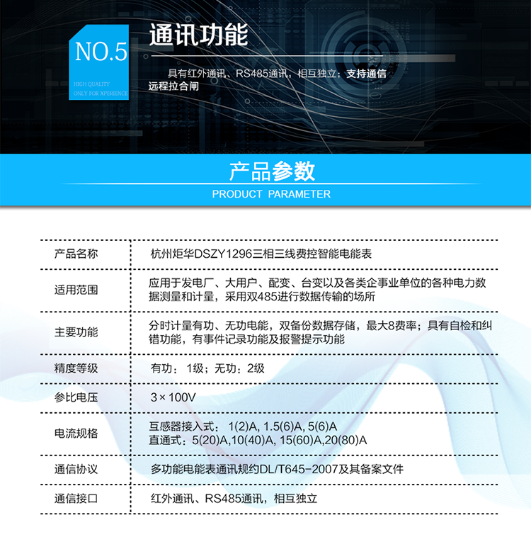 DSZY1296 三相三線1級費控智能電能表
產品標準:
?GB/T 17215.211-2006《交流電測量設備 通用要求、試驗和試驗條件 第11部分：測量設備》
?GB/T 17215.321-2008《交流電測量設備 特殊要求21部分：靜止式有功電能表（1級和2級）》
?GB/T 17215.323-2008《交流電測量設備 特殊要求23部分：靜止式無功電能表（2級和3級）》
?GB/T 17215.301-2007《多功能電能表特殊要求》
?Q/GDW 1354-2013《智能電能表功能規范》
?Q/GDW 1356-2013《三相智能電能表型式規范》
?Q／GDW 1827-2013《三相智能電能表技術規范》
?Q／GDW 1365-2013《智能電能表信息交換安全認證技術規范》
?DL/T 645-2007《多功能電能表通信協議》
