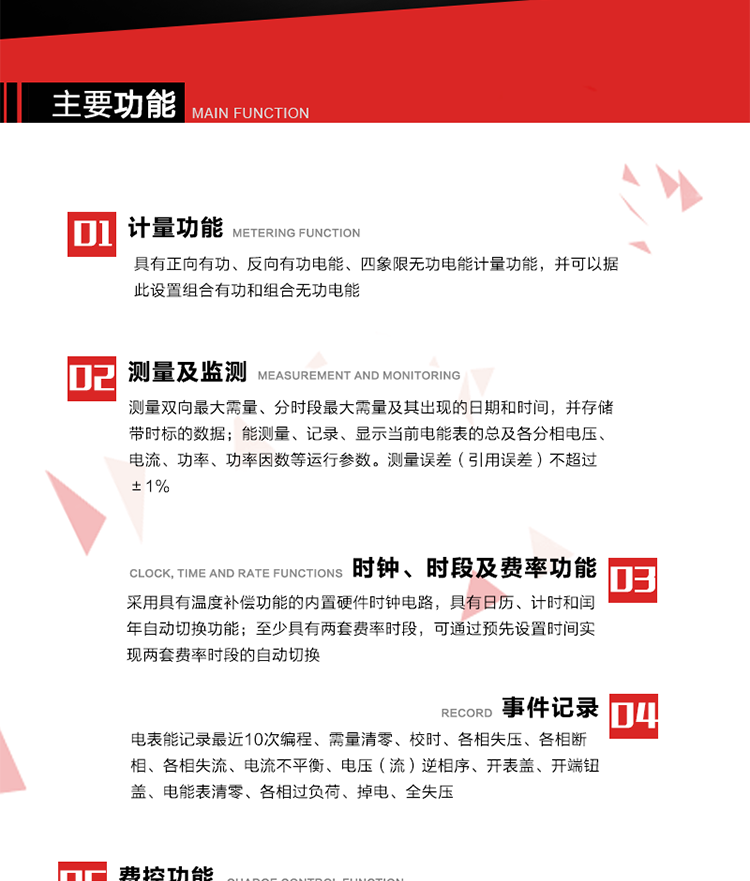 主要功能
1. 電能計(jì)量
具有正向有功、反向有功電能、四象限無功電能計(jì)量功能，并可以據(jù)此設(shè)置組合有功和組合無功電能。
2. 需量計(jì)量
測(cè)量雙向最大需量、分時(shí)段最大需量及其出現(xiàn)的日期和時(shí)間，并存儲(chǔ)帶時(shí)標(biāo)的數(shù)據(jù)。
3. 測(cè)量及監(jiān)測(cè)
能測(cè)量、記錄、顯示當(dāng)前電能表的總及各分相電壓、電流、功率、功率因數(shù)等運(yùn)行參數(shù)。測(cè)量誤差（引用誤差）不超過±1%。
4. 時(shí)鐘、時(shí)段及費(fèi)率功能
采用具有溫度補(bǔ)償功能的內(nèi)置硬件時(shí)鐘電路，具有日歷、計(jì)時(shí)和閏年自動(dòng)切換功能。內(nèi)部時(shí)鐘端子輸出頻率為1Hz。至少具有兩套費(fèi)率時(shí)段，可通過預(yù)先設(shè)置時(shí)間實(shí)現(xiàn)兩套費(fèi)率時(shí)段的自動(dòng)切換。每套費(fèi)率時(shí)段全年至少可設(shè)置2個(gè)時(shí)區(qū)，24小時(shí)內(nèi)至少可以設(shè)置8個(gè)時(shí)段，時(shí)段最小間隔為15分鐘，并且時(shí)段間隔大于表內(nèi)設(shè)定的需量周期值，時(shí)段可跨越零點(diǎn)設(shè)置。
5. 費(fèi)控功能 
電能表費(fèi)控功能的實(shí)現(xiàn)方式通過CPU卡等固態(tài)介質(zhì)實(shí)現(xiàn)。具有兩套階梯電價(jià)計(jì)費(fèi)方式，并可在設(shè)置時(shí)間點(diǎn)啟用另一套階梯電價(jià)計(jì)費(fèi)。
6. 無線通信
通過無線通信與主站通信。支持在安全認(rèn)證前提下，通過無線網(wǎng)絡(luò)信道修改費(fèi)率時(shí)段表及電價(jià)。
7. 事件記錄
電表能記錄最近10次編程、需量清零、校時(shí)、各相失壓、各相斷相、各相失流、電流不平衡、電壓（流）逆相序、開表蓋、開端鈕蓋、電能表清零、各相過負(fù)荷、掉電、全失壓。
8. 凍結(jié)
具有定時(shí)凍結(jié)、瞬時(shí)凍結(jié)、約定凍結(jié)和日凍結(jié)功能。
9.　負(fù)荷記錄
記錄正反向有功總電能、無功總電能、四象限無功總電能、組合有功、組合無功1、組合無功2，負(fù)荷記錄間隔時(shí)間可以在1～60min范圍內(nèi)設(shè)置，時(shí)間間隔為1min的情況下可記錄不少于40天的數(shù)據(jù)容量。
10. 停電抄表
在停電狀態(tài)下，能通過按鍵或非接觸方式喚醒電能表，抄讀電能量等數(shù)據(jù)。
11. 擴(kuò)展功能
計(jì)量視在電能、諧波電壓、電流、電量的監(jiān)測(cè)、電能質(zhì)量監(jiān)測(cè)和計(jì)算鐵損、銅損。 