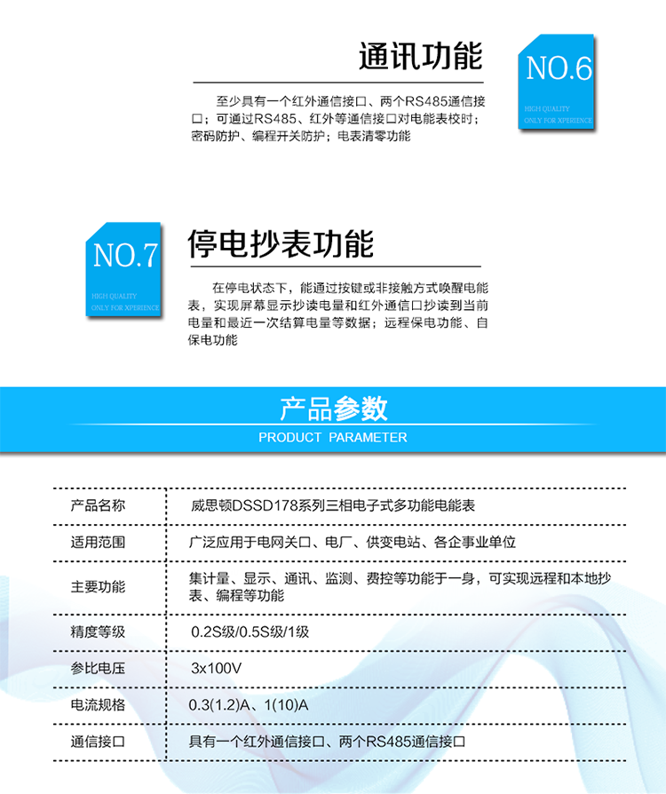 主要功能
電能計量及需量測量功能
分費率計量正、反向有功電能和四象限無功電能。
分費率測量正、反向有、無功最大需量并記錄其發(fā)生時間。
實時量測量功能
測量所接入線路的電壓、電流、有功功率、無功功率、功率因數(shù)等實時量數(shù)據(jù)。
費率和時段
具有最大12個時區(qū)、12個時段、10套日時段表、5個費率。
顯示功能
支持自動循環(huán)顯示、按鍵查詢顯示、遙控顯示。
停電抄表功能(可選)
停電后，可通過按鍵或非接觸方式（遙控）喚醒電表。（需要有單獨的停電抄表電池）
記錄統(tǒng)計功能
失壓記錄、斷相記錄、失流記錄
系統(tǒng)事件記錄功能
編程事件記錄、最大需量清零事件記錄、上電掉電事件記錄
凍結(jié)功能
負(fù)荷曲線記錄功能（可選）
自檢及報警功能
時鐘
綜合防竊電功能