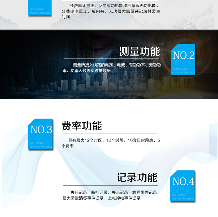 主要功能
電能計量功能
具有正、反向有功, 無功四象限電能計量功能；
具有分時計量功能；具有計量分相有功電能量功能。
需量測量功能
有功需量測量、無功需量測量、結(jié)算日需量
實時量測量功能
測量、記錄、顯示當(dāng)前電能表的總及各分相電壓、電流、功率、功率因數(shù)、頻率、表內(nèi)溫度等運(yùn)行參數(shù)。
提供越限監(jiān)測功能。
時鐘功能
采用具有溫度補(bǔ)償功能的內(nèi)置硬件時鐘電路，具有日歷、計時和閏年自動切換功能。
費率、時段功能
事件記錄功能
凍結(jié)功能
定時凍結(jié)、瞬時凍結(jié)、約定凍結(jié)、日凍結(jié)、整點凍結(jié)
負(fù)荷記錄功能
電壓合格率統(tǒng)計功能
可記錄12個月的電壓統(tǒng)計數(shù)據(jù)。
報警功能
光報警、聲報警、LCD顯示報警
安全防護(hù)功能
密碼防護(hù)、編程開關(guān)防護(hù)
通訊功能
至少具有一個紅外通信接口、兩個RS485通信接口。
校時功能
可通過RS485、紅外等通信接口對電能表校時。
電表清零功能
停電抄表功能
在停電狀態(tài)下，能通過按鍵或非接觸方式喚醒電能表，實現(xiàn)屏幕顯示抄讀電量和紅外通信口抄讀到當(dāng)前電量和最近一次結(jié)算電量等數(shù)據(jù)。
輔助電源*（可選項）
保電功能*（可選項）
遠(yuǎn)程保電功能、自保電功能