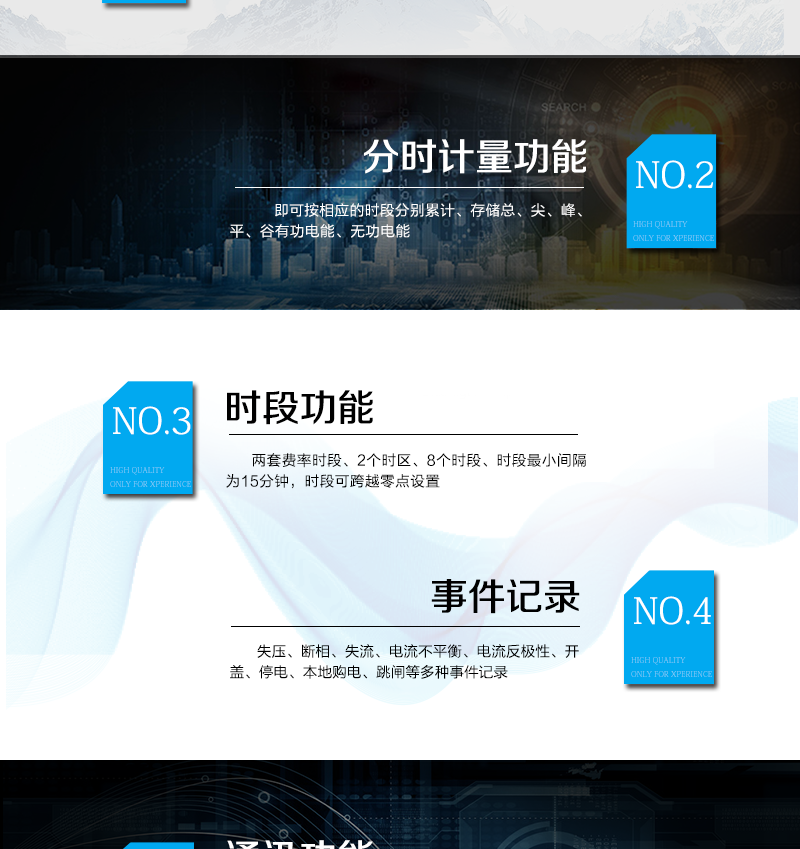 主要功能特點
　　A.正向有功、反向有功電能、四象限無功電能計量功能，并可以據(jù)此設(shè)置組合有功和組合無功電能。
　　B.分時計量功能，即可按相應的時段分別累計、存儲總、尖、峰、平、谷有功電能、無功電能;
　　C.兩套費率時段、2個時區(qū)、8個時段、時段最小間隔為15分鐘，時段可跨越零點設(shè)置;
　　D.失壓、斷相、失流、電流不平衡、電流反極性、開蓋、停電、本地購電、跳閘等多種事件記錄;
　　E.內(nèi)置(或外置)繼電器，先付費后用電，欠費本地自動跳閘;
　　F.遠程通訊，可通過SMS、GPRS、Etheme等多種方式與后臺系統(tǒng)實現(xiàn)數(shù)據(jù)交互，支持TCP、UDP協(xié)議;
　　G.遠程抄表，能抄錄外接電表正、反向有功電量、四象限無功、電壓、電流等瞬時量數(shù)據(jù)，支持實時抄表、定時任務(wù)抄表、主站輪召同時支持多種電表通訊規(guī)約;